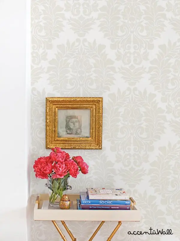 Classic White Damask Interior Design Vinyl Peel-and-Stick Temporary Wallpaper - Every 24", Renter-Friendly, Reusable, Accent Wall, Living Room DIY Makeover Option