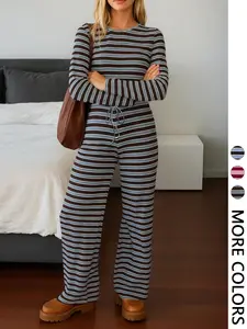 Women's Vintage Striped Knit Set, Fitted Long Sleeve Top & Wide Leg Pants Two-Piece, Casual Home Wear, 2 Piece Set, Airport Outfit, Womenswear, Clothes