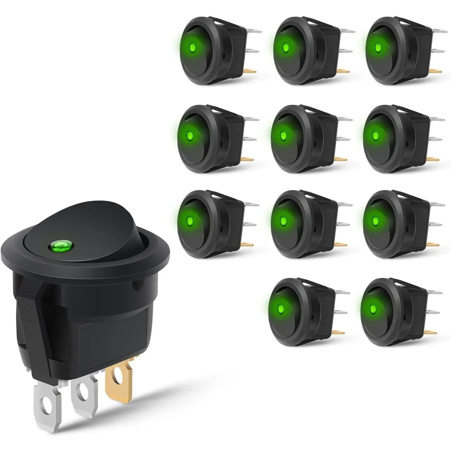 Nilight 12PCS Round Toggle LED Switches - 12-24V 20A Green LED SPST, Brass, Flame-Retardant Casing, Keyhole Slot, Easy Installation for Car/Truck/Marine On-Off Control (For Automotive Users, Round Shape)