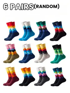 Fashionable Style Gradient Color Diamond Pattern Mid-Calf Socks, 6 Pairs Random Pack, Comfortable Breathable, Unisex, Suitable for Daily Commute