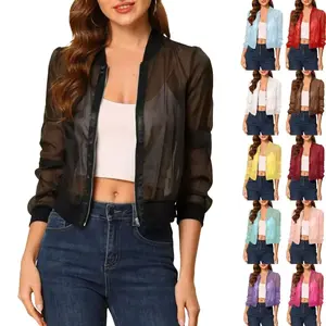 Lady's Minimalist Fitted High Waist Crop Mesh Sheer Bomber Coat, Lightweight Long Sleeve Zip-Up Basic Outwear, Breathable Fabric Ideal for Matching Tube Tops, summervibes