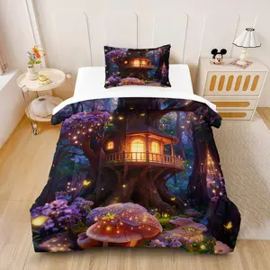2/3Pcs Mushroom House Printed Comforter Set, Cute Style Bedding Set, Soft Polyester Fabric, Quilted Design, Warm and Comfortable, Perfect for Girls' Bedroom Decoration, with Filling (Pillow Insert Not Included)