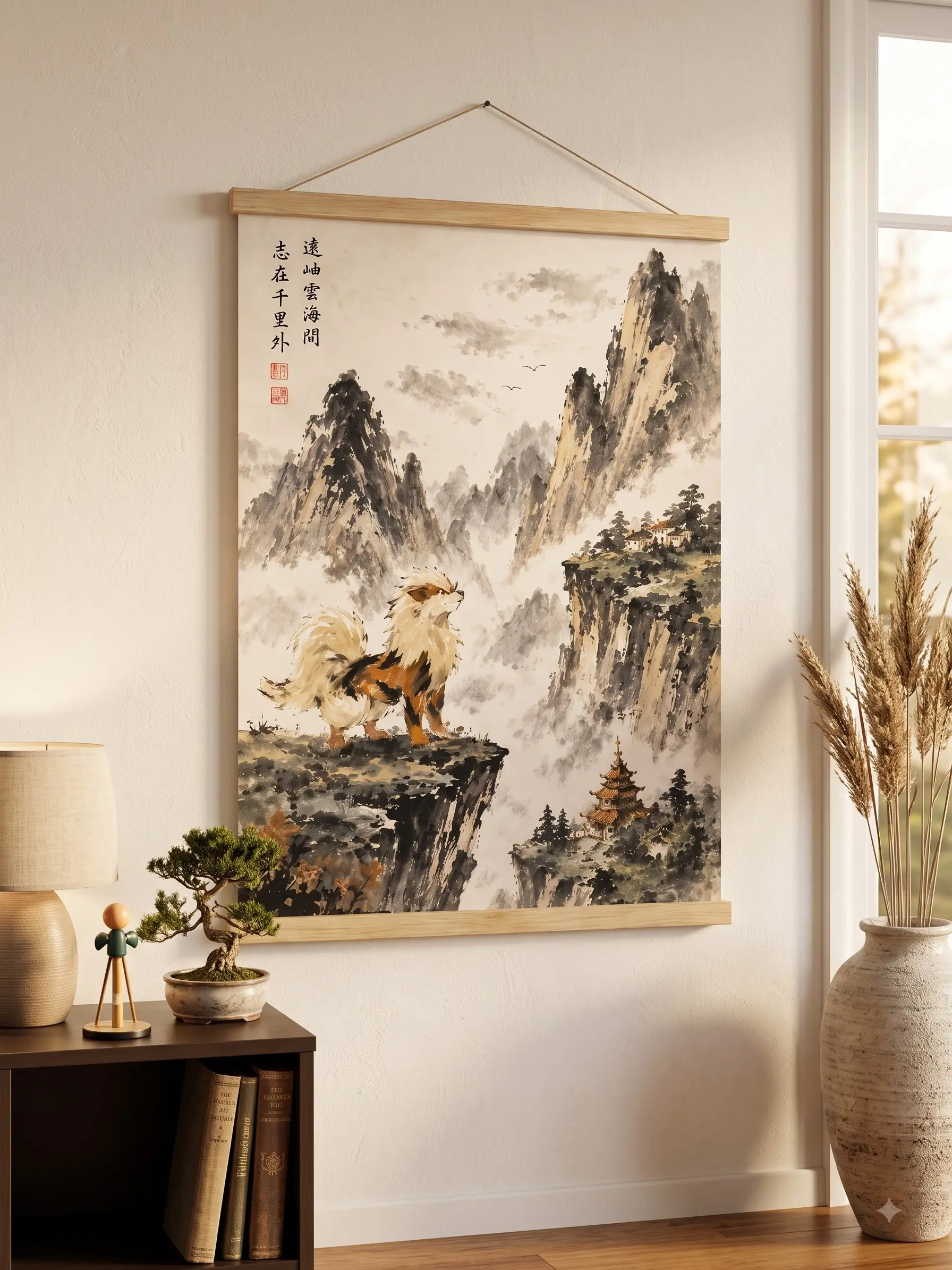 Arcanine Chinese Ink Painting Print | Pokémon Wall Art with Natural Oak Poster Hanger | Traditional Shan Shui Landscape [UNFRAMED]