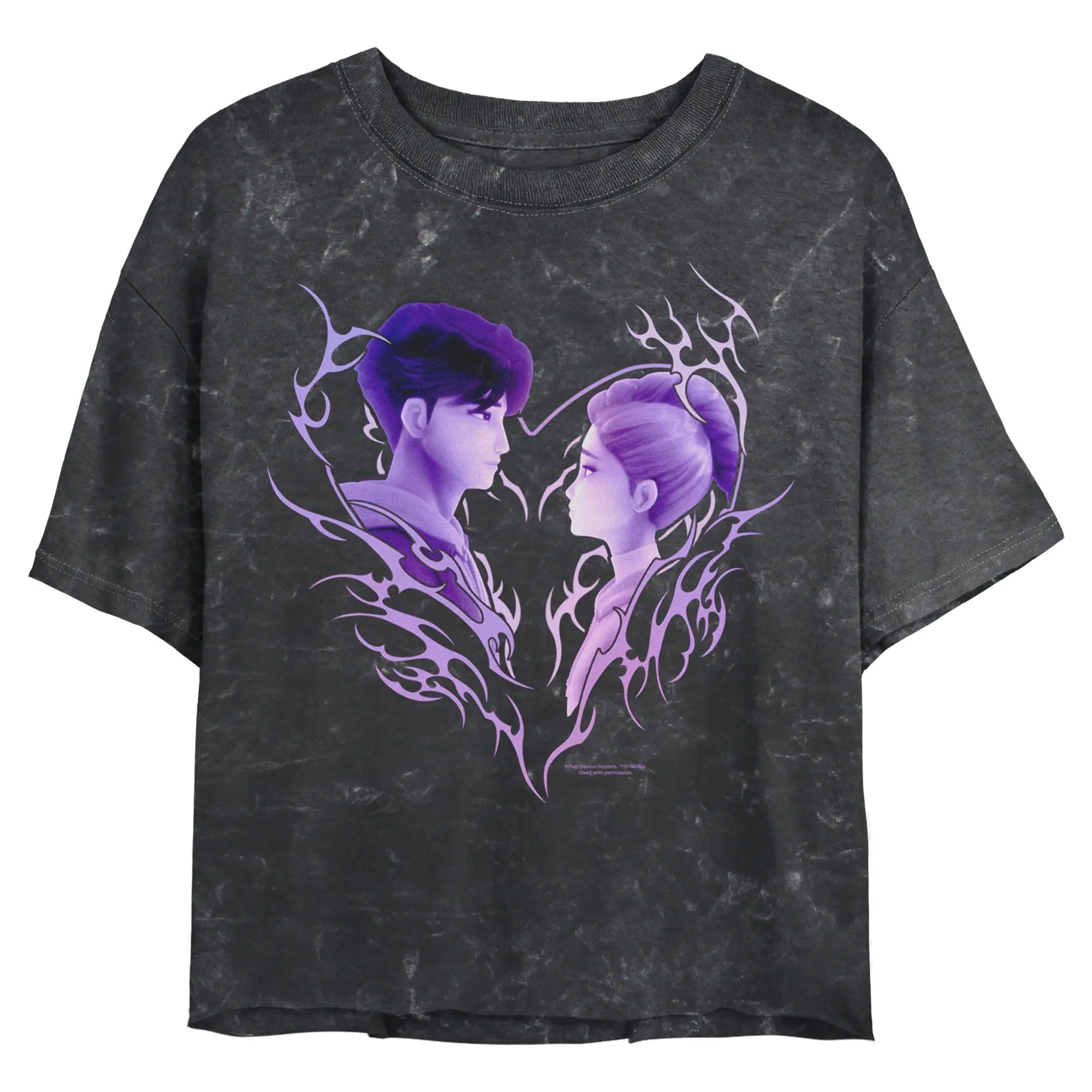 Juniors Womens KPop Demon Hunters Jinu and Rumi Heart Strings Cropped T-Shirt