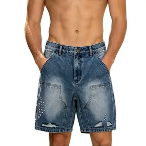 Men’s light wash denim shorts with rhinestone logo, distressed and washed loose fit jean shorts, streetwear style, vintage faded blue, ripped and studded design, casual summer denim shorts for men, waist size 30–40, comfortable and breathable, fast direct