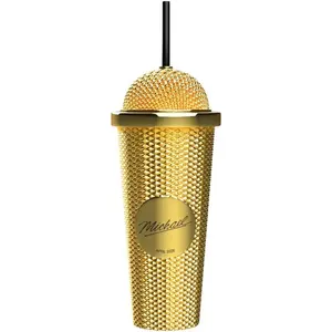 Movie Inspired Microphone Tumbler, Plastic Travel Mug, Double Wall Insulated Cup with Lid, Reusable Insulated Tumblers for Office, Party, Camping, Gift for Music Fans (Gold)