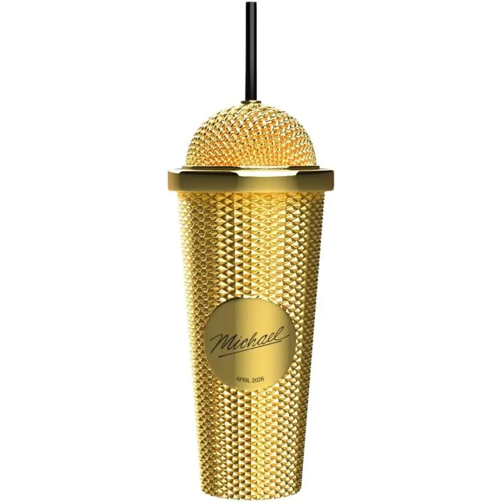 Movie Inspired Microphone Collectible Plastic Vacuum Flask Tumbler - Portable Double Wall Insulated Travel Mug with Lid, Protective Box - Reusable Kitchenware for Adults, Casual Movie Night, Watch Party (Gold)