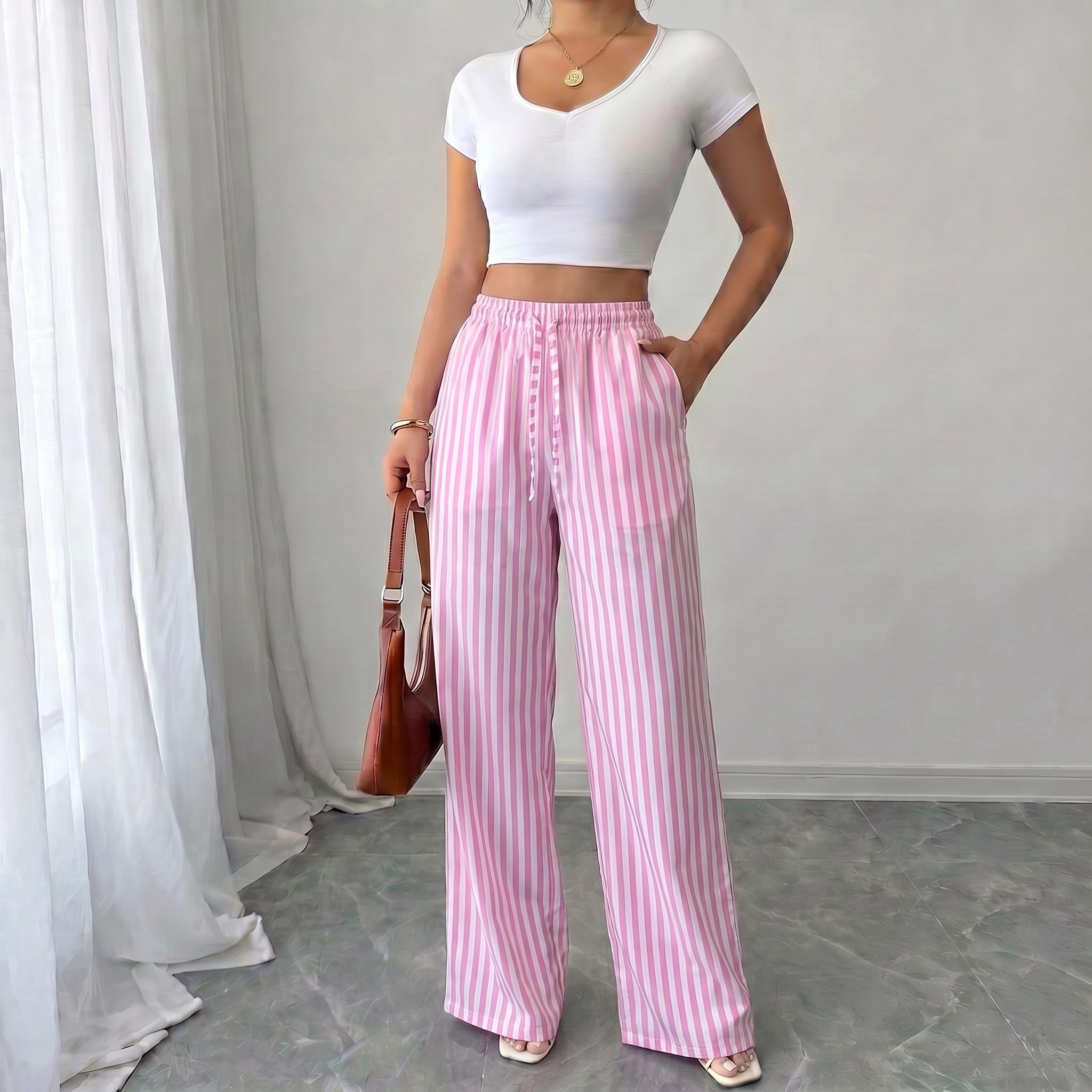 Women’s summer striped loose casual straight-leg pants, lightweight breathable fashionable long trousers suitable for work, travel, everyday wear, 100% polyester fiber