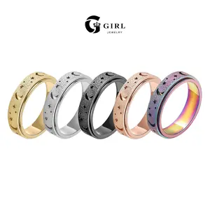 GGIRL Stainless Steel  Anxiety Frosty Star Moon Rings for Women and Men Spinner Ring 6mm Minimalist Colourful Multi-SpecificationRing Thumb Ring Size 6-13 Witchy Charm Trendy Jewelry Gift For Unisex