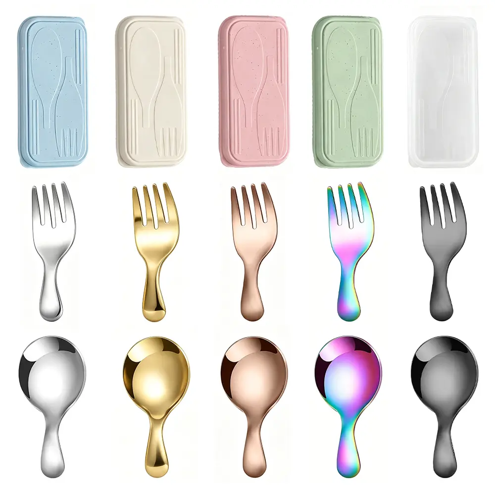 5-Set Portable Stainless Steel Tableware Cutlery Kits - Short-Handled Forks & Spoons, Portable Storage Boxes, Children’s Cutlery for Outdoor Trips, Daily Dining, Safe & Durable