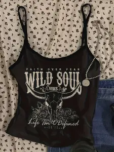 Y2K Western Skull Print Halter Top for Women, Short Elastic Crop Top, Summer Casual Wear, Stretchy Spaghetti Strap Camisole with "Wild Soul" & "Faith Over Fear" Design, Womenswear