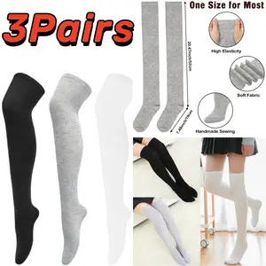 3Pairs 20.47x7.48 Inch Womens Thigh High Socks Cotton Striped Over the Knee Socks Long Knee High Stockings for Women (Black, Grey, White)
