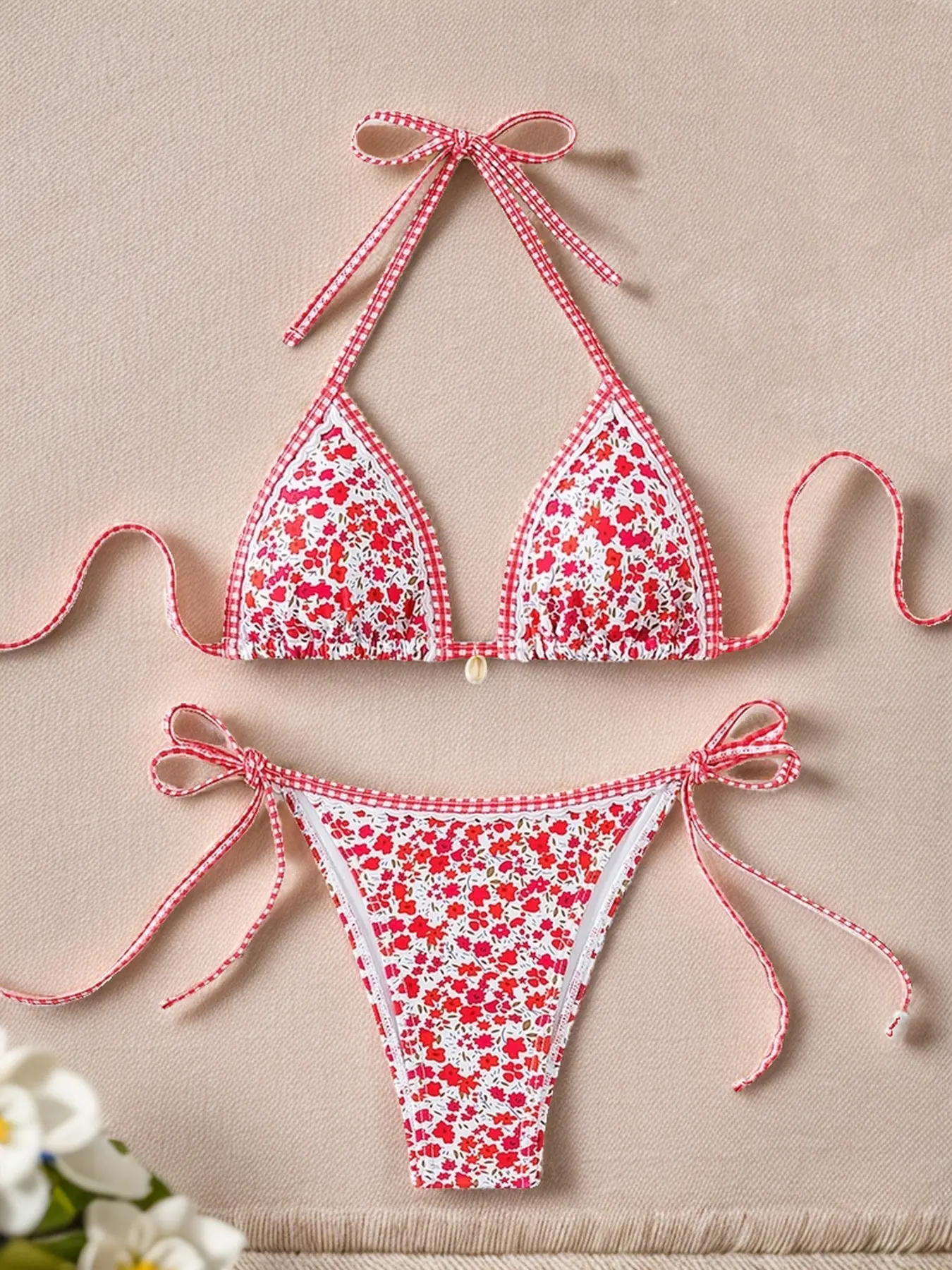Women's All Over Print Bikini Set, Chic Halter Neck Swim Bra & Tie Side Swim Thong, Ladies Swimsuit for Summer Beach Holiday Vacation, Halter Bikini Top Bikini Swimsuits, Stylish Bikini Set, Bikinis Set, Print Swimwear