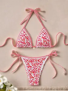 Women's All Over Print Bikini Set, Chic Halter Neck Swim Bra & Tie Side Swim Thong, Ladies Swimsuit for Summer Beach Holiday Vacation, Halter Bikini Top Bikini Swimsuits