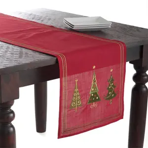 SARO  16 x 70 in. Rectangular Xmas Tree Design Table Runner - Red