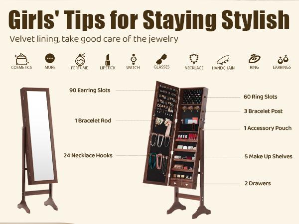 Lockable Jewelry Armoire with Full Length Mirror – Freestanding Standing Mirror Cabinet – Velvet Lining Makeup Organizer, 5 Shelves, Accessory Pouch & 3 Viewing Angles