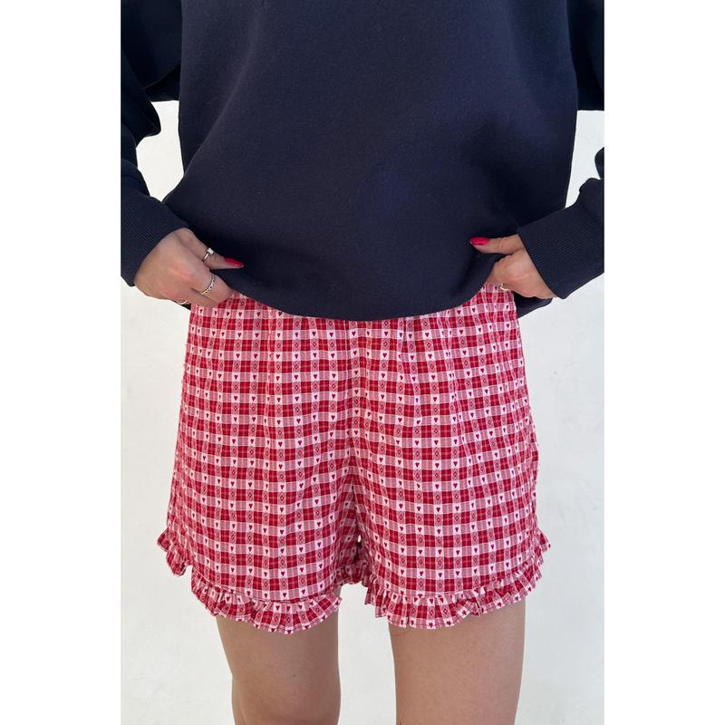 Love Letter Gingham Checkered Heart Ruffle Shorts in Red with Pockets Elastic Waistband & Lightweight Woven Fabric
