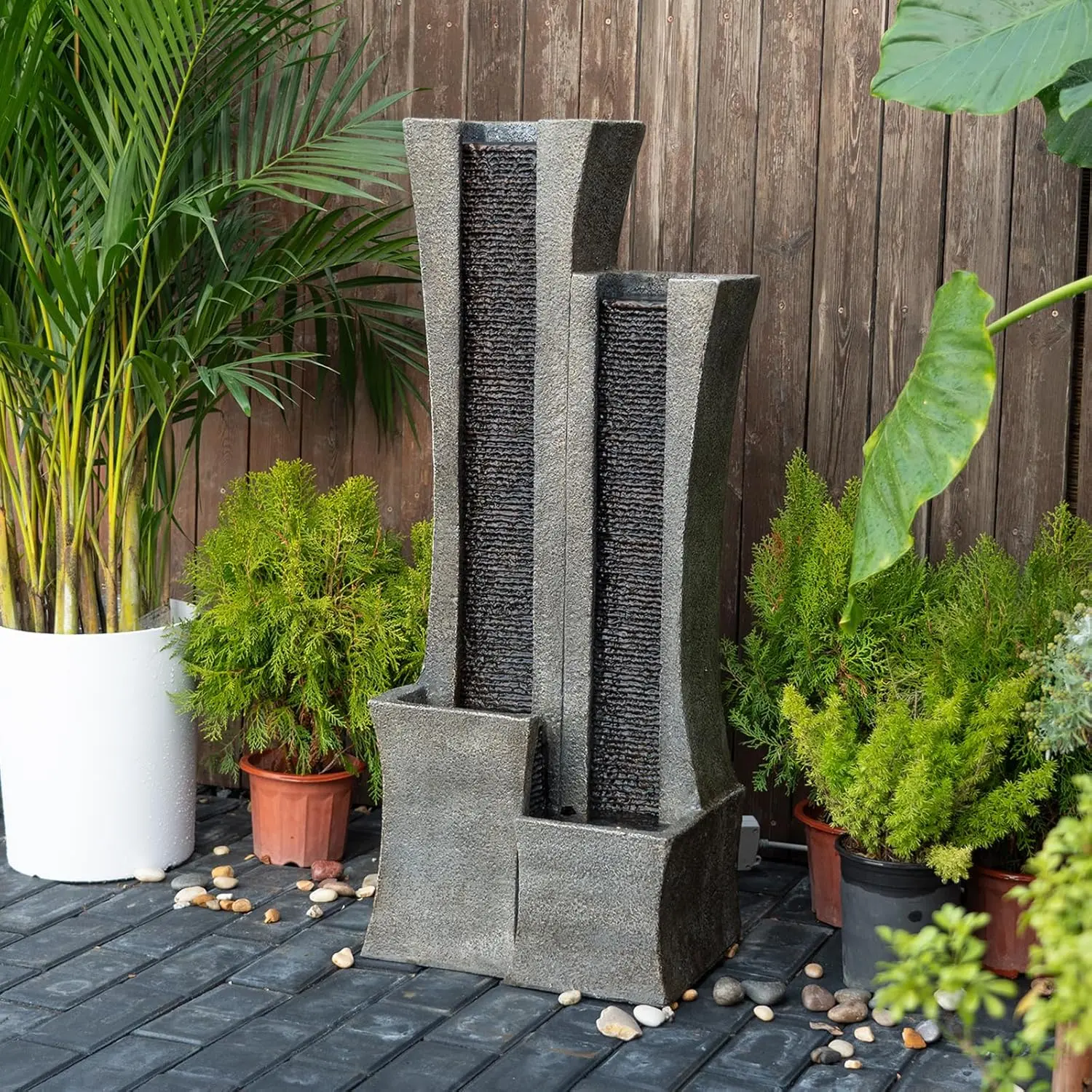 Modern Outdoor Water Fountain Indoor Cascading Floor-Standing Fountains with Led Lights 2-Curved Column Garden Waterfall for Backyard Patio Porch Deck Home 39.76” H