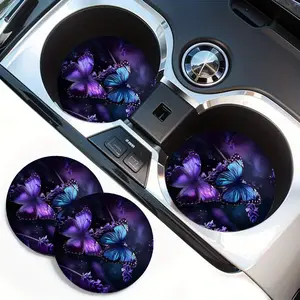 [Vibrant Car Coasters] 2pcs Vibrant Butterfly Pattern Car Coasters | Durable Drink Spill Protection for Vehicle Interior Accessories, Easyclean Material, Spillresistant Coasters, Butterfly Car Accessories, Car Interior Set