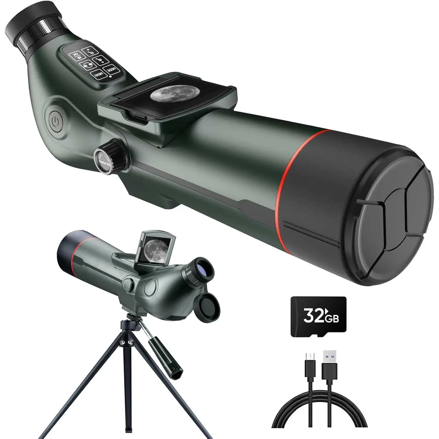 Digital Spotting Scope with Screen Portable Auto-Focus Electronic 4K Smart Telescope with Tripod 32GB SD Card and Carrying Bag for Stargazing Bird Watching, Wildlife Viewing Hunting Green Telescopic Aluminum Telescoping Handle