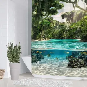 Sea View Shower Curtain Set with Rug, Non-Slip Bath Mat, U-Shaped Toilet Lid Cover Pad, Bathroom Decor with Hooks, 1/4 Piece