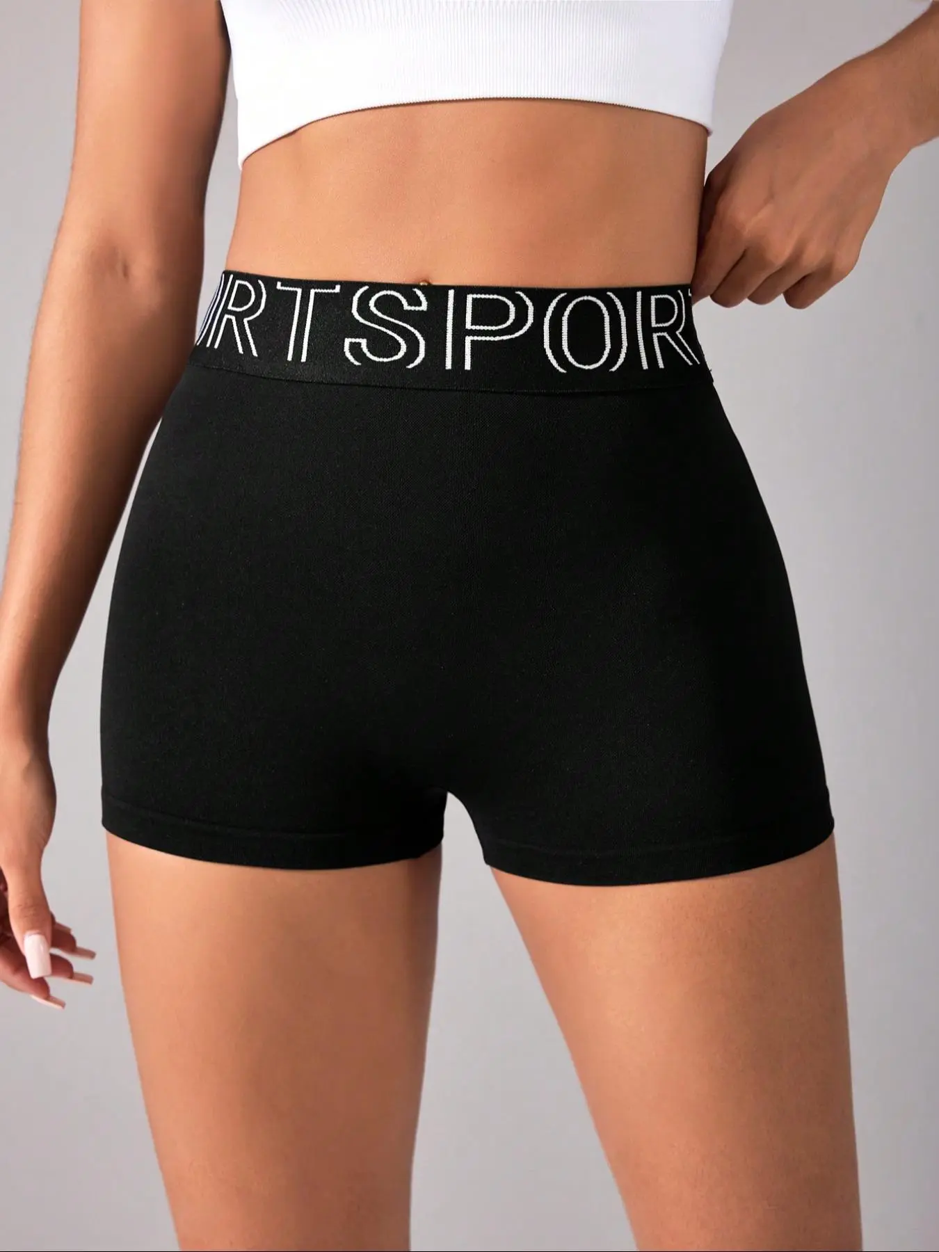 Sporty Women's Letter Print High Waist Gym Shorts, Lightweight Workout Shorts, Workout Exercise Shorts, Breathable Comfortable Seamless Skinny Shorts, Ladies Sportswear Activewear for Indoor Outdoor Wear