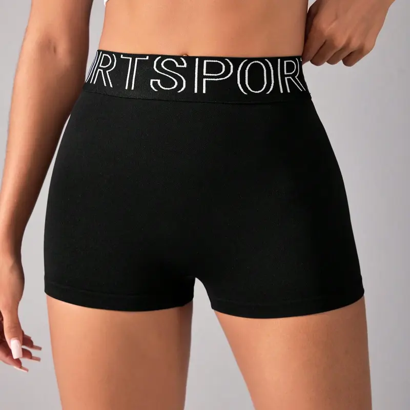 Sporty Women's Letter Print High Waist Gym Shorts, Lightweight Workout Shorts, Workout Exercise Shorts, Breathable Comfortable Seamless Skinny Shorts, Ladies Sportswear Activewear for Indoor Outdoor Wear