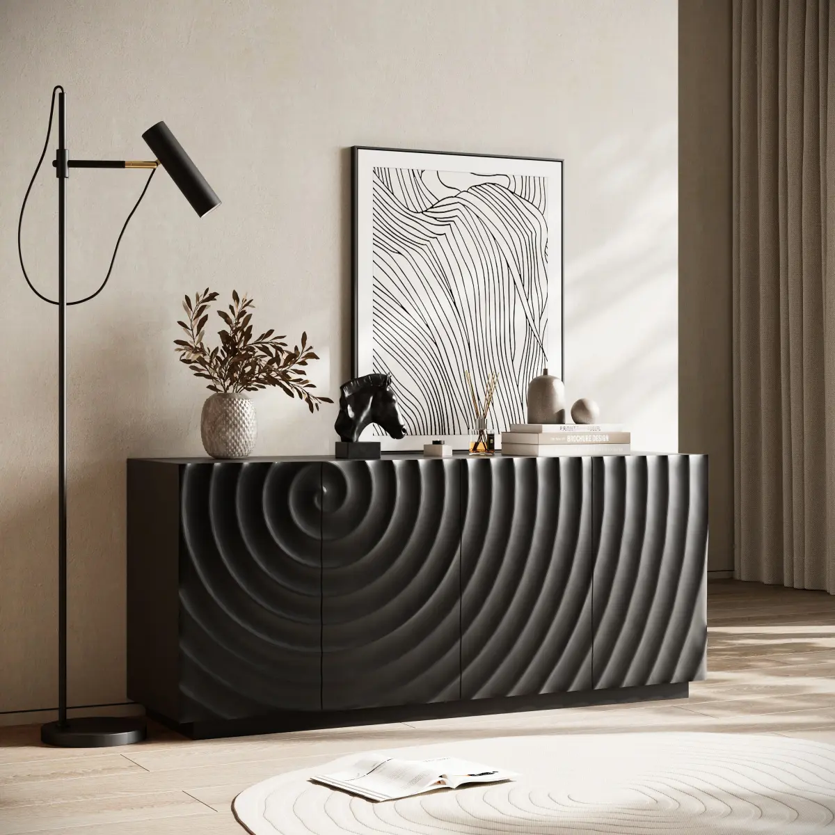 Matte Black Low Profile Freestanding Buffet Cabinet - 59x15x26.5 in, 4 Doors, Compact Configurable, 86 lbs, High-Quality Materials, Anti-Dumping, Undulated Panel Textured Front Wave Pattern Modern Sideboard for Kitchen, Living Room