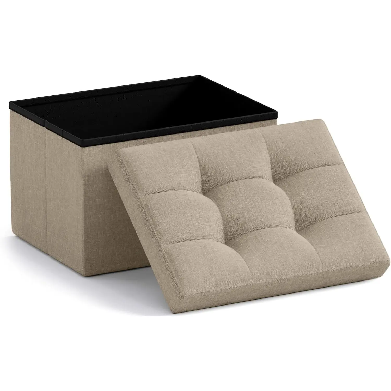 Modern Taupe Linen Rectangle Storage Ottoman - Foldable Foot Rest Stool Seat, 12x16x12 in, for Living Room, Bedroom