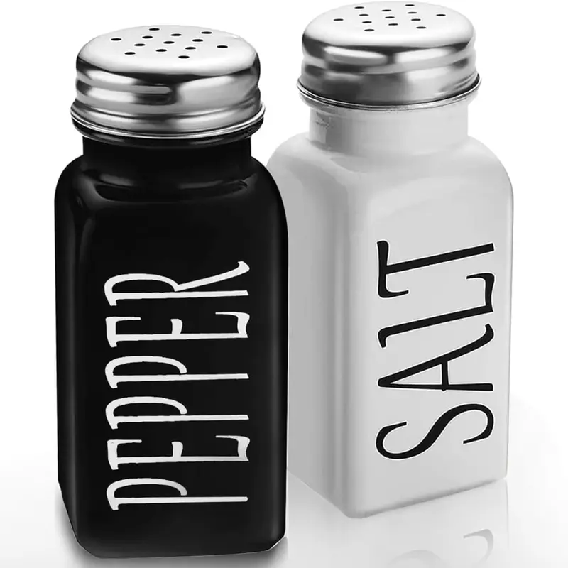 Salt and Pepper Shakers Set - Cute Salt Shakers - Vintage Glass Black and White Shaker Set with Stainless Steel Lid - For Black and White Kitchen Decor