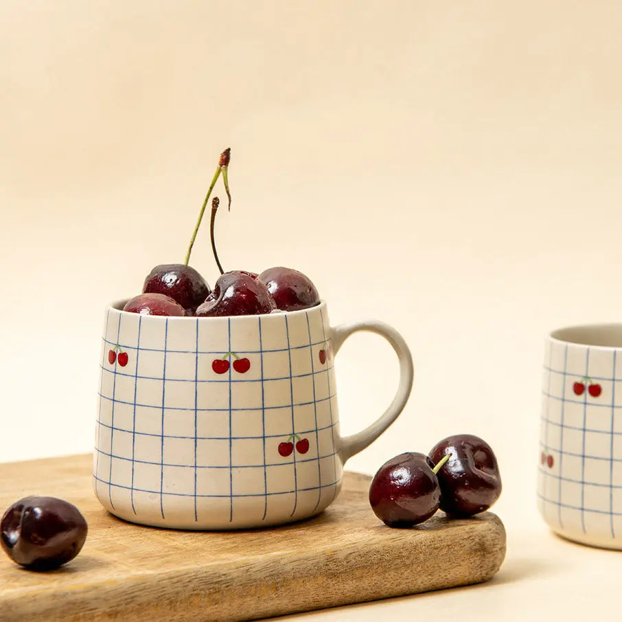 Cherry Checkered Ceramic Mug - 3.5 x 3 Inches