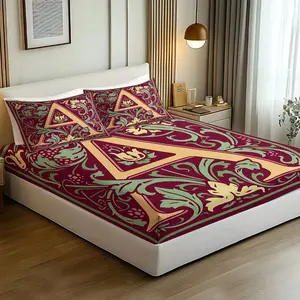 Fitted Sheet 3pcs Set: Luxury Art Nouveau Aesthetic Fitted Sheet Set, 1 Fitted Sheet + 2 Pillowcases. Featuring Elegant Gold "A" Floral Tapestry Design, Breathable & All-Season Use. Perfect for Contemporary Home Styling. No Filling.
