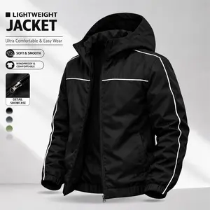 Men’s hooded jacket for autumn/winter, featuring white thin stripes on the sleeves and chest area; loose basic casual jacket for everyday wear, available in four colors.