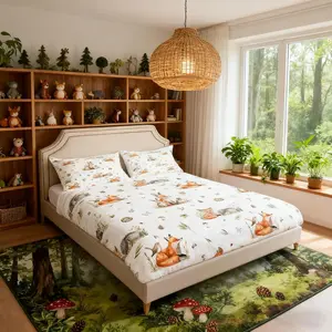 Cartoon Fox Kids Fitted Sheet,Mushroom Leaves Plants Bedding Set,Boys Girls Adults Room Decor,Cute Rabbits Hedgehogs Wild Animals Bed Cover,Colorful Bed Sheet