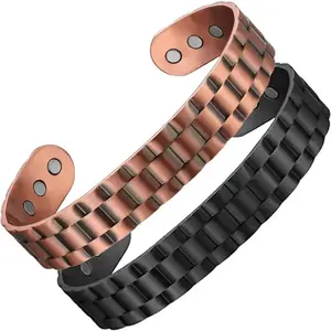 Unisex Pure Copper Magnetic Arthritis Relief Bracelet - Adjustable Black & Bronze Gear Cuff Gift Set