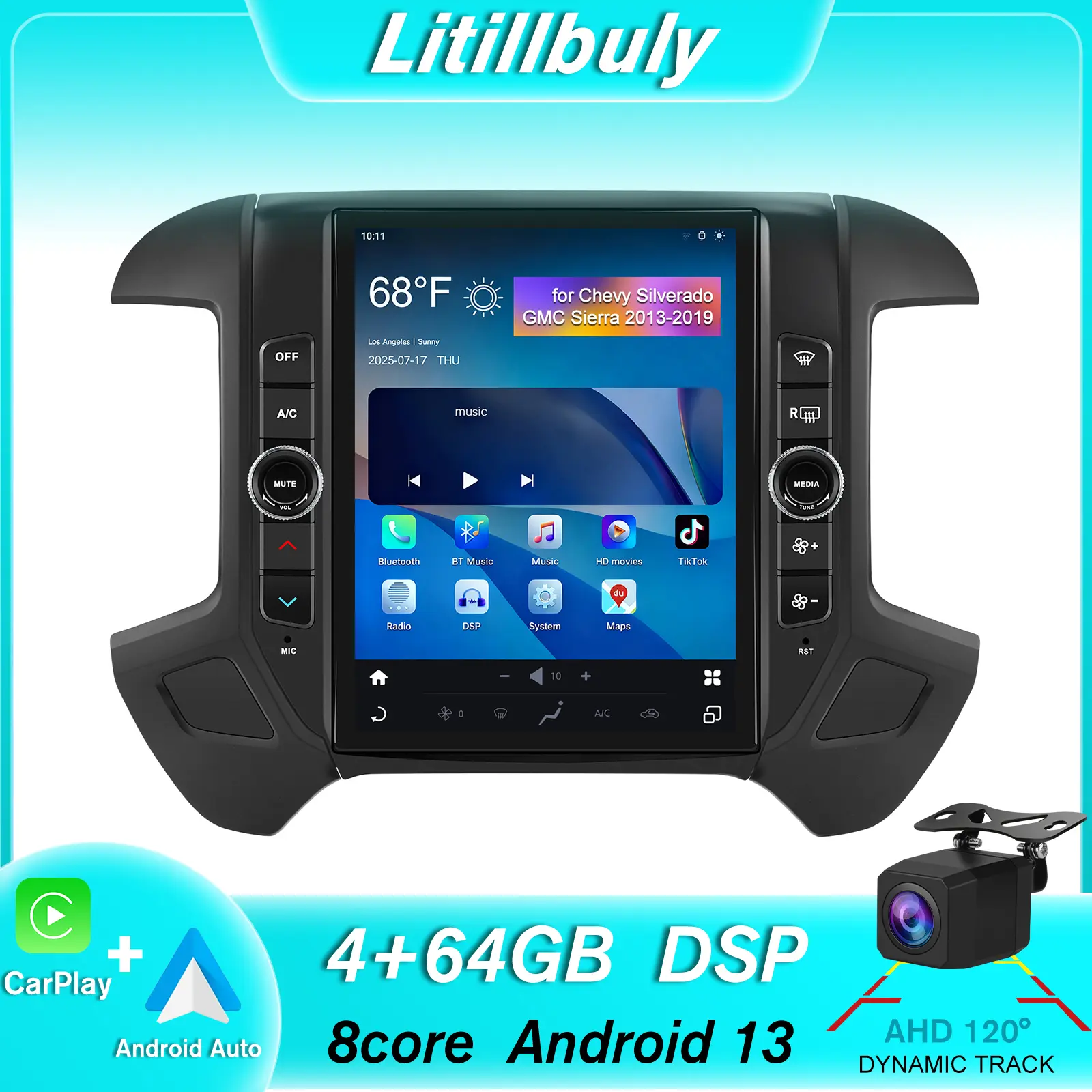 Car Stereo for Chevy Silverado GMC Sierra 2014-2018 touch screen has Android Auto Wireless Carplay, Bluetooth WIFI supports GPS Navigation