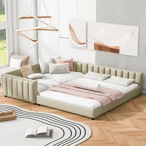 Queen Size Bed Frame, Upholstered Queen Grounded Bed Frame with Twin XL Bed, Extra Large Mother & Child Beds with Headboard and Footboard, Faux Leather Floor Beds, Beige