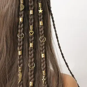 35PCS Gold Hair Braid Rings, Boho Dreadlock Beads With Star/Heart/Leaf Charms, Retro Hip Hop Hair Jewelry For Braids, Festival & Vacation Accessories