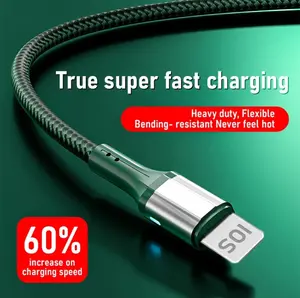 Nylon braided USB to lightning 1.5M fast charging iPhone cable with built in smart chip and led light
