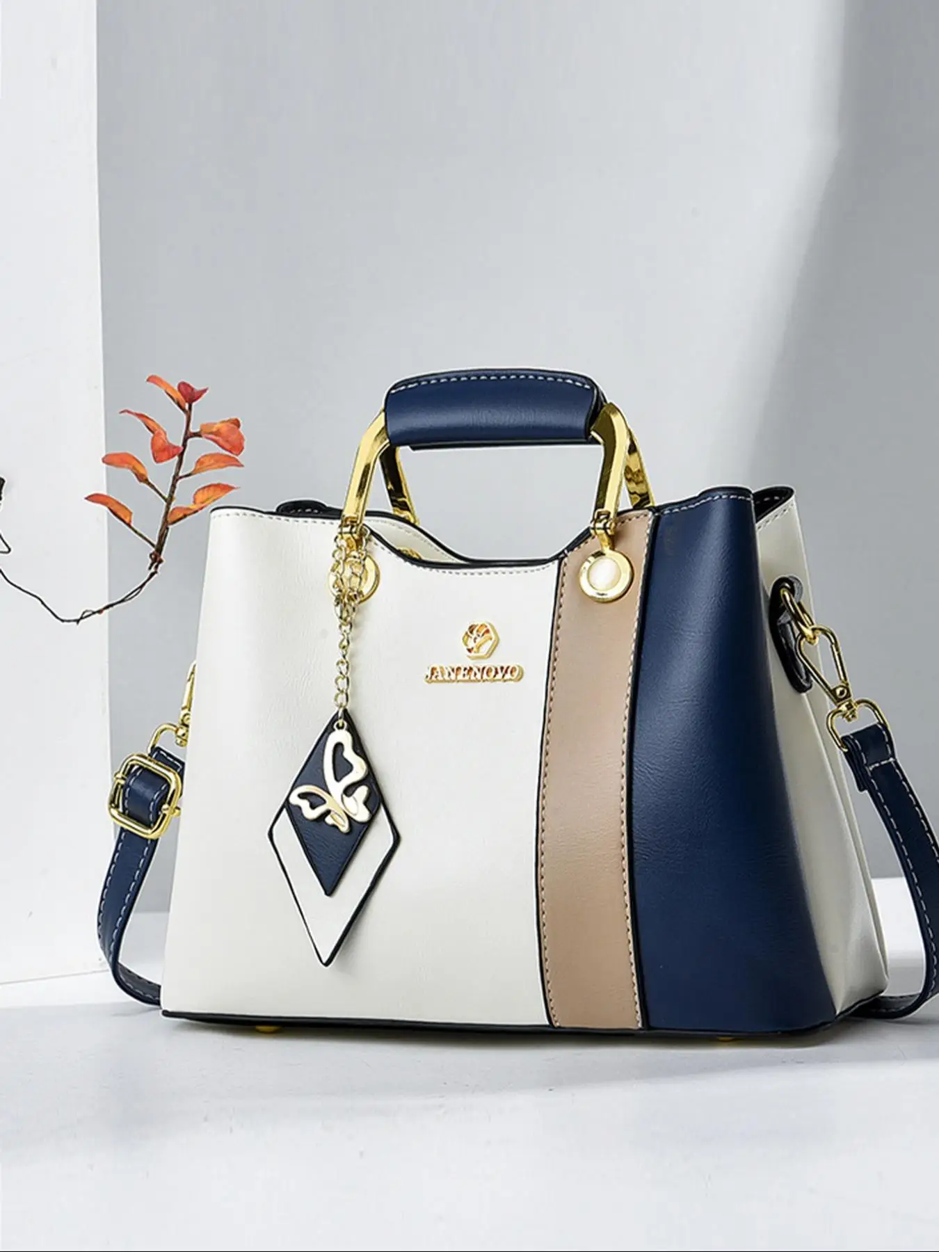 National Day Offers Women's Fashion Colorblock Patchwork Handbag, Casual Large Capacity Zipper Shoulder Bag with Butterfly Charm, Trendy Versatile Hig