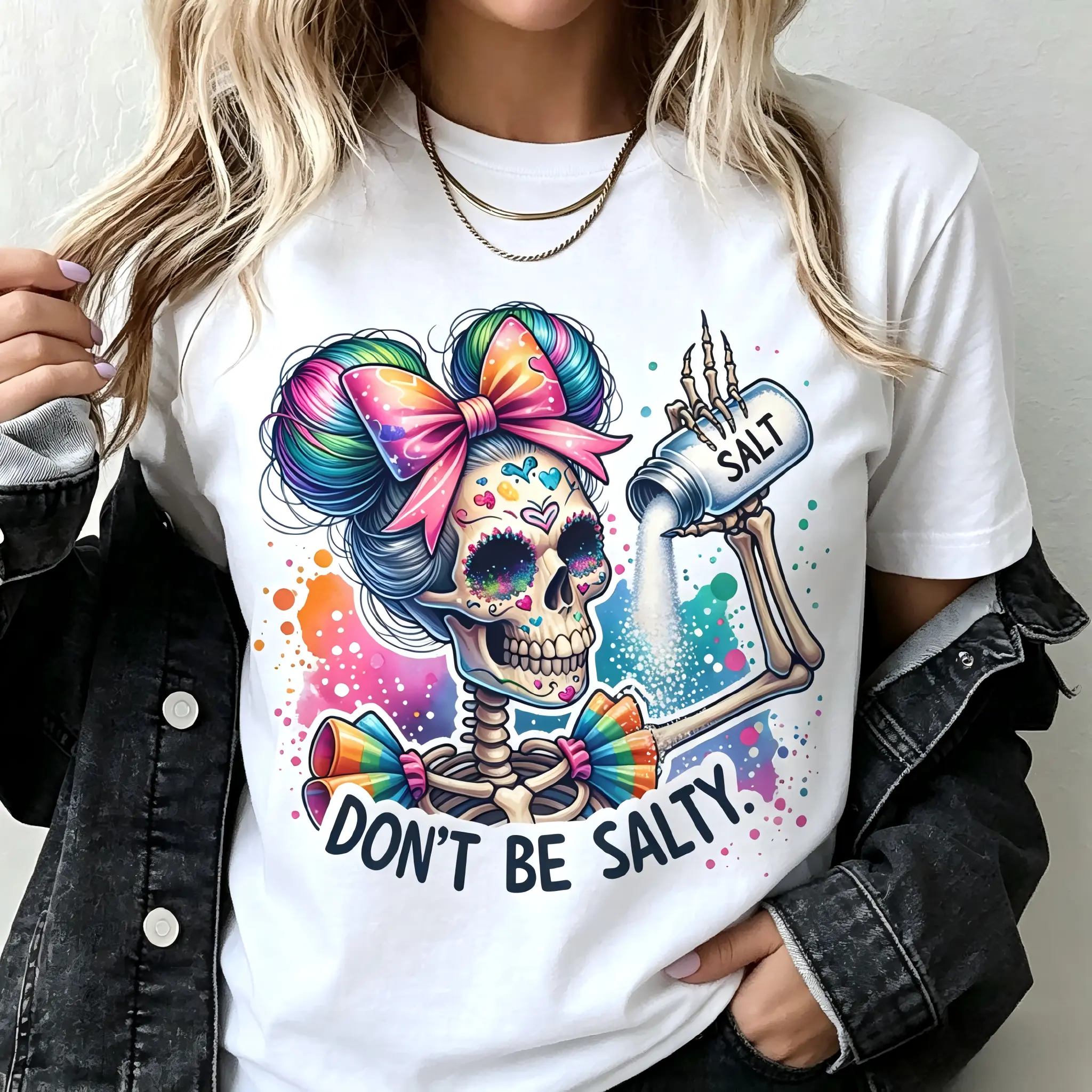 Women's Short-Sleeve Smooth Salty Skull T-Shirt - "Don't Be Salty" Sarcastic Skeleton Design, Casual Everyday Streetwear & Party Top, Summerwins