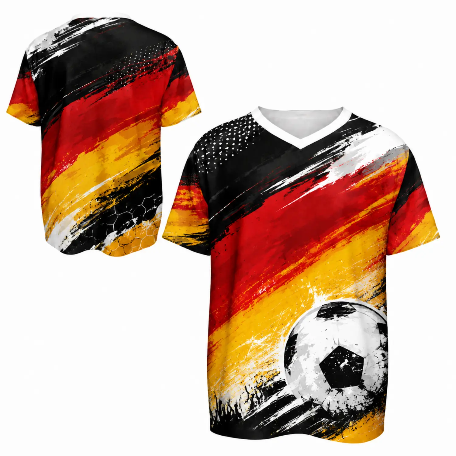 Men's Germany-Inspired Football Jersey Top - Breathable Fabric, Bold National Colors, Dynamic Brushstroke Design, Classic V-Neck Outdoor Sports Top for Match Day Sportswear Clothing, All-Season Wear