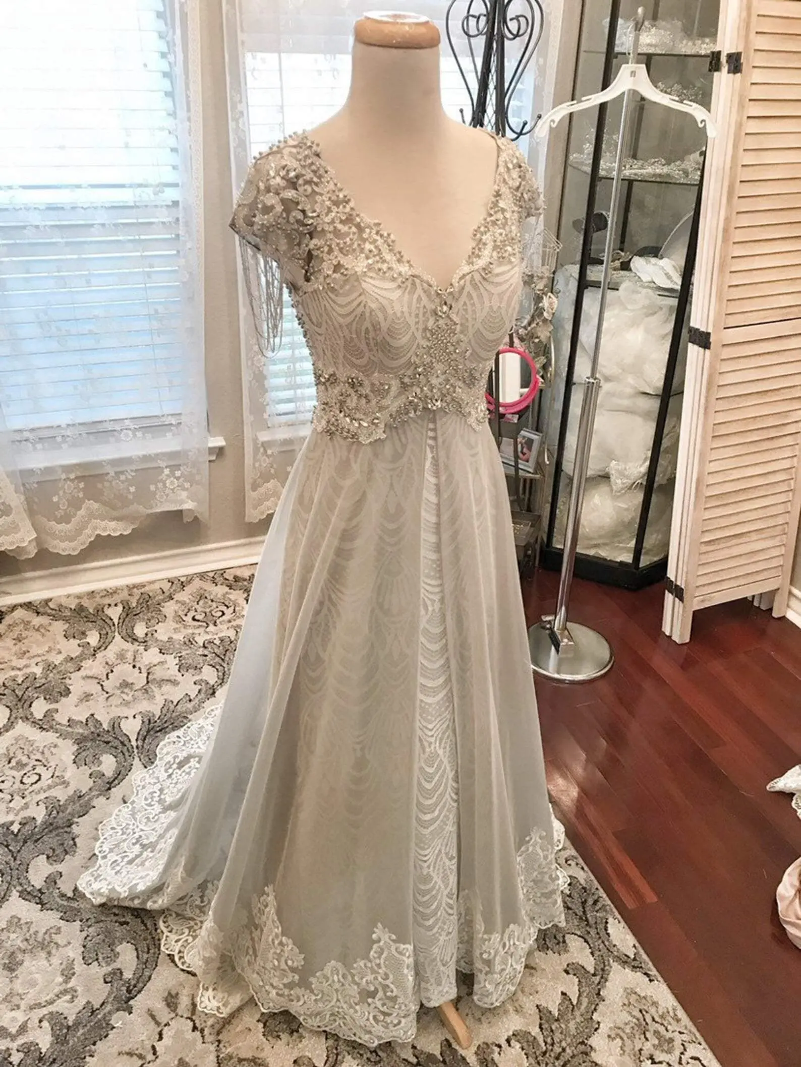 Women's Vintage Sheath Wedding Dress in Crepe and Lace with Pearl Beading, Cap Sleeves, Chiffon Overskirt, Sweep Train, and Zipper Closure, Zippers