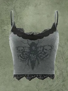 Women's Contrast Lace Top, Casual Adjustable Spaghetti Strap Sleeveless Top for Summer, Women's Top for Daily Wear, Adjustable Strap Cami