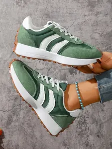 Women's Fashion Retro Colorblock Tennis Shoes, Classic Striped Design, Soft Cushioned Thick Sole, Anti-Slip Comfortable Casual Low Top Sneakers