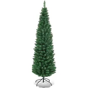 , Green Artificial Pencil Christmas, Premium Hinged Pine Tree with Solid Metal Legs, Perfect for Home, Shops and Holiday Decoration, (5FT) (Artificial Pencil Christmas Tree)