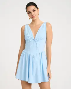 Express Stretch Poplin V-Neck Corset Mini Fit and Flare Dress