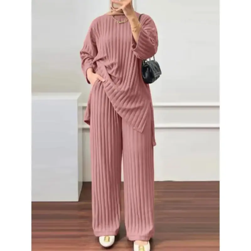 Long Sleeve Blouse Wide Leg Pants Sets Women Matching Sets Solid Islamic Clothing Muslim Tracksuit Outifits 2PCS