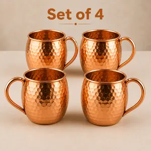 Pure Copper Moscow Mule Mugs Set of 4, 16oz Hammered Handle Mug Set Handmade Cocktail Drinkware Gift