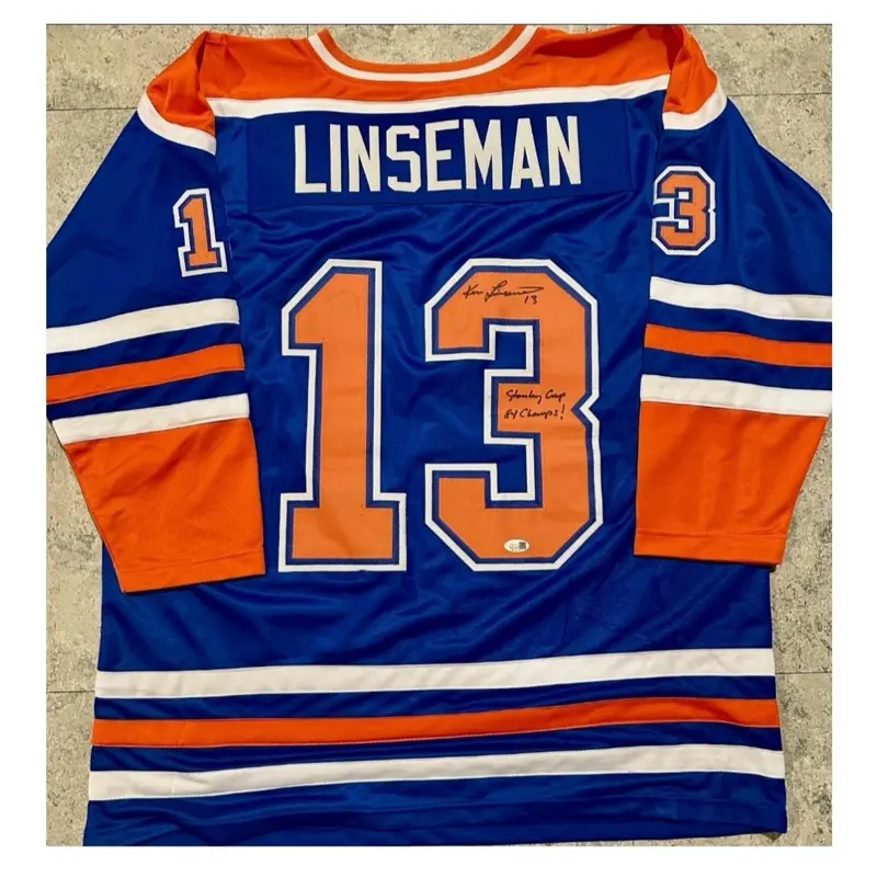 Ken Linseman Edmonton Oilers Autographed, Inscribed Custom Hockey Jersey with Hologram PSA Certification - Sports Collectible